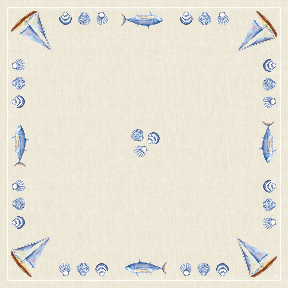 Die Dunicel Mitteldecke 84x84 cm von Duni GmbH hat eine beigefarbene quadratische Bordüre mit Segelbooten, Fischen und Muscheln. Ideal als hochwertige Tischdeko in Tide, mit drei Muscheln und einer großen freien Fläche in der Mitte. Packung: 20 Stück.