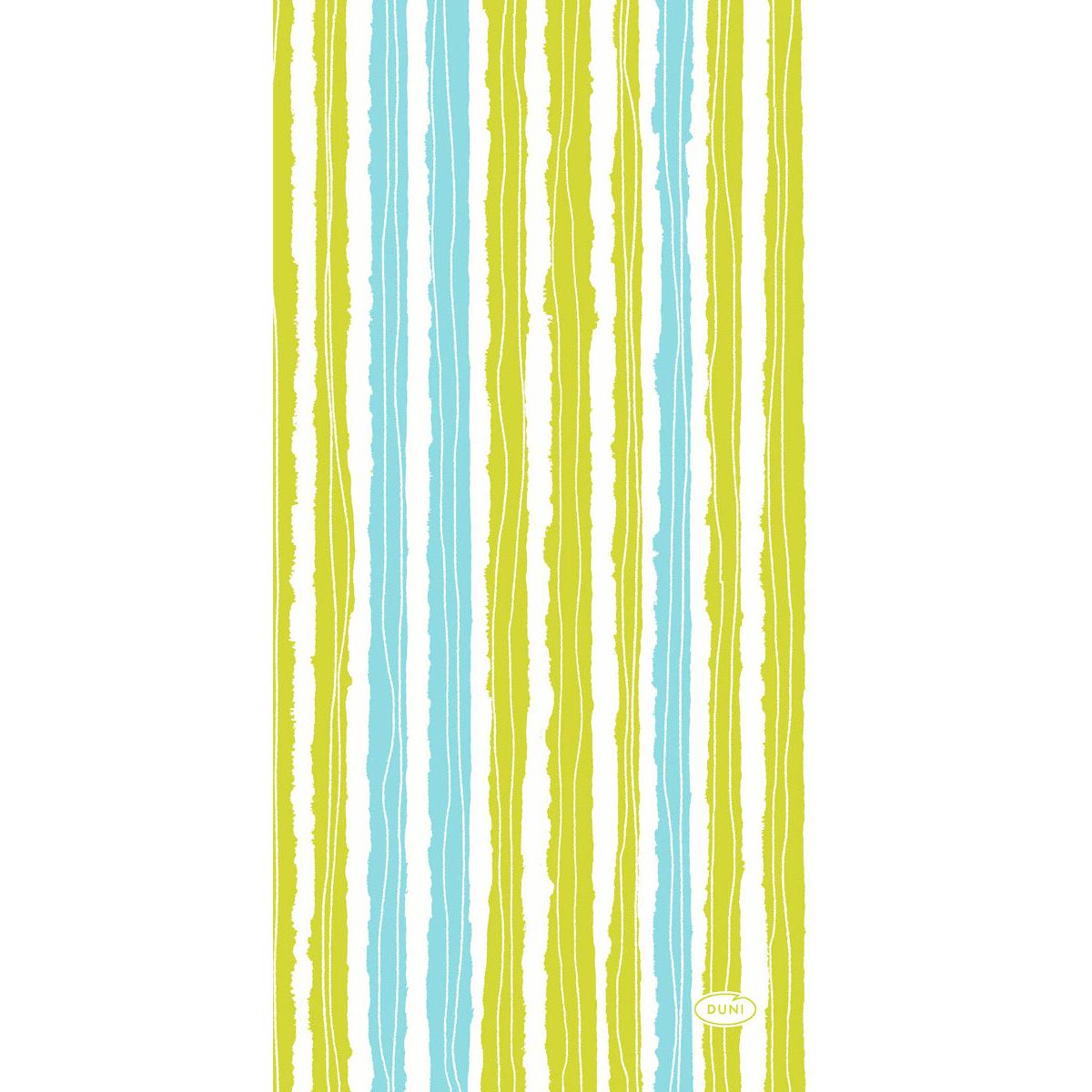 The Dunisoft napkins Elise Stripes 20x40 cm by Duni GmbH feature uneven blue and green vertical stripes of varying thickness on white, as well as a small yellow "DUNI" oval at the bottom right. The package contains 120 napkins.