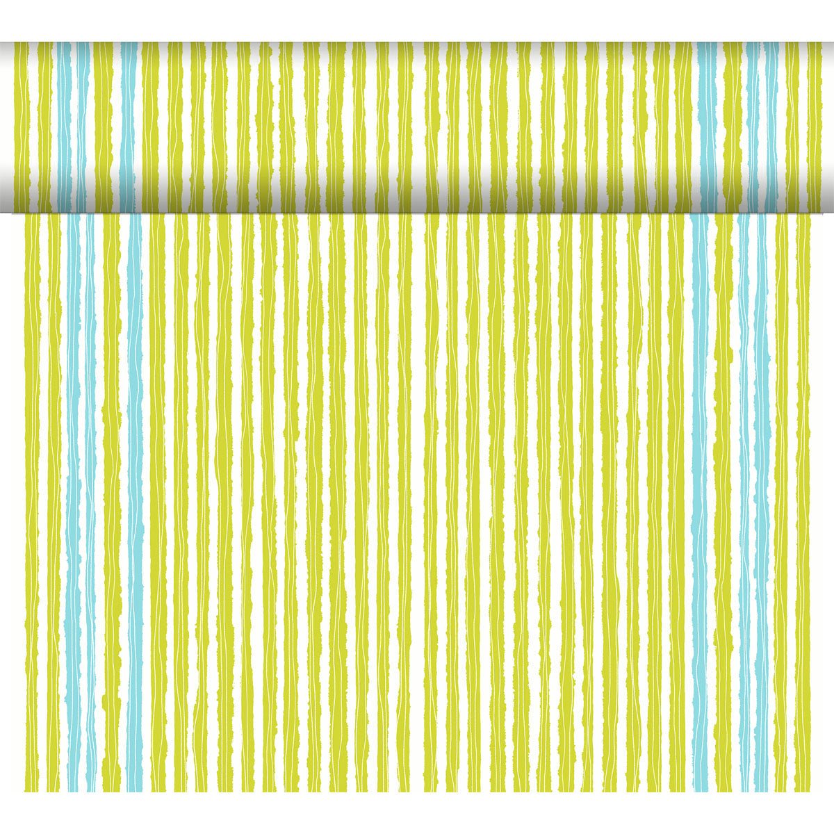 Eine Tapetenrolle mit handgemalten Längsstreifen in Gelb, Grün und Hellblau - perfekt für kreative Tischdekorationen oder in Kombination mit dem Dunicel-Tischläufer Tête-à-Tête 24 m x 0,4 m von Duni GmbH.