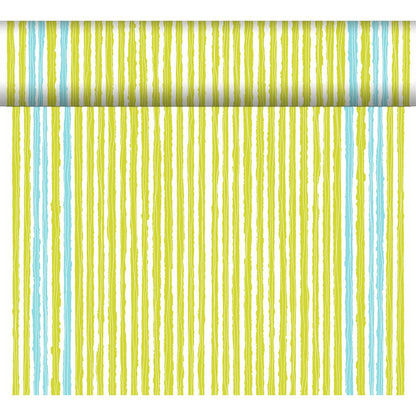 Eine Tapetenrolle mit handgemalten Längsstreifen in Gelb, Grün und Hellblau - perfekt für kreative Tischdekorationen oder in Kombination mit dem Dunicel-Tischläufer Tête-à-Tête 24 m x 0,4 m von Duni GmbH.