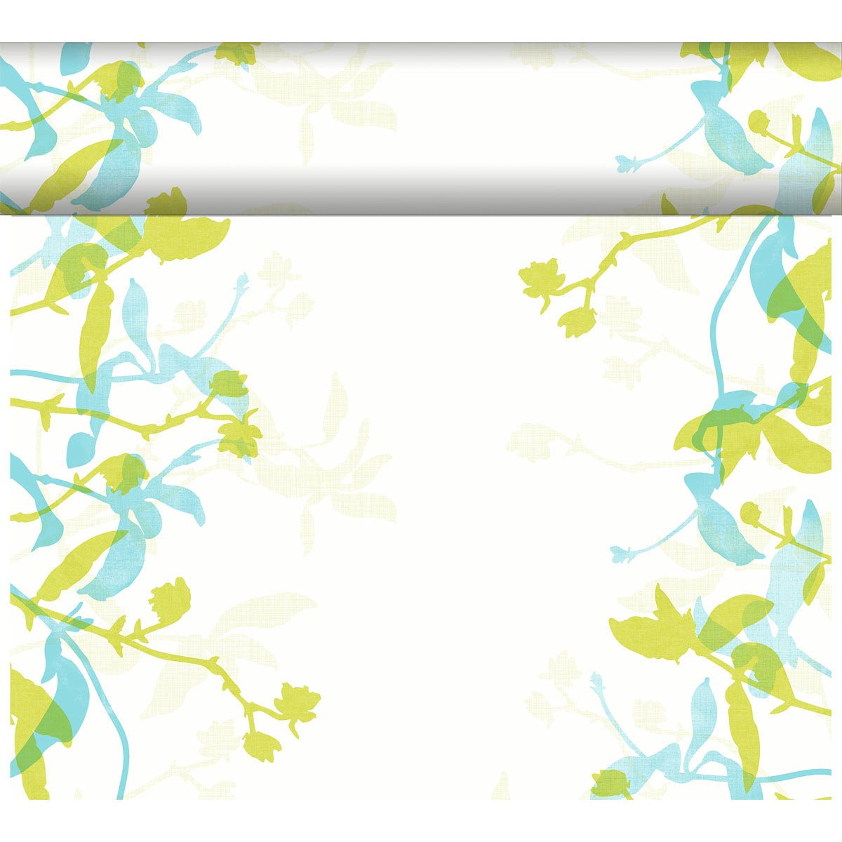Ein weißes Laken mit grüner und blauer Blumenbordüre auf drei Seiten passt perfekt zum Duni GmbH Dunicel-Tischläufer Tête-à-Tête 24 m x 0,4 m (20 Abschnitte) und ist damit ideal für eine stilvolle Tischdekoration.