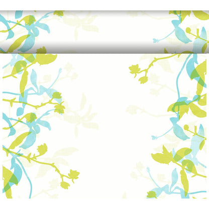 Ein weißes Laken mit grüner und blauer Blumenbordüre auf drei Seiten passt perfekt zum Duni GmbH Dunicel-Tischläufer Tête-à-Tête 24 m x 0,4 m (20 Abschnitte) und ist damit ideal für eine stilvolle Tischdekoration.