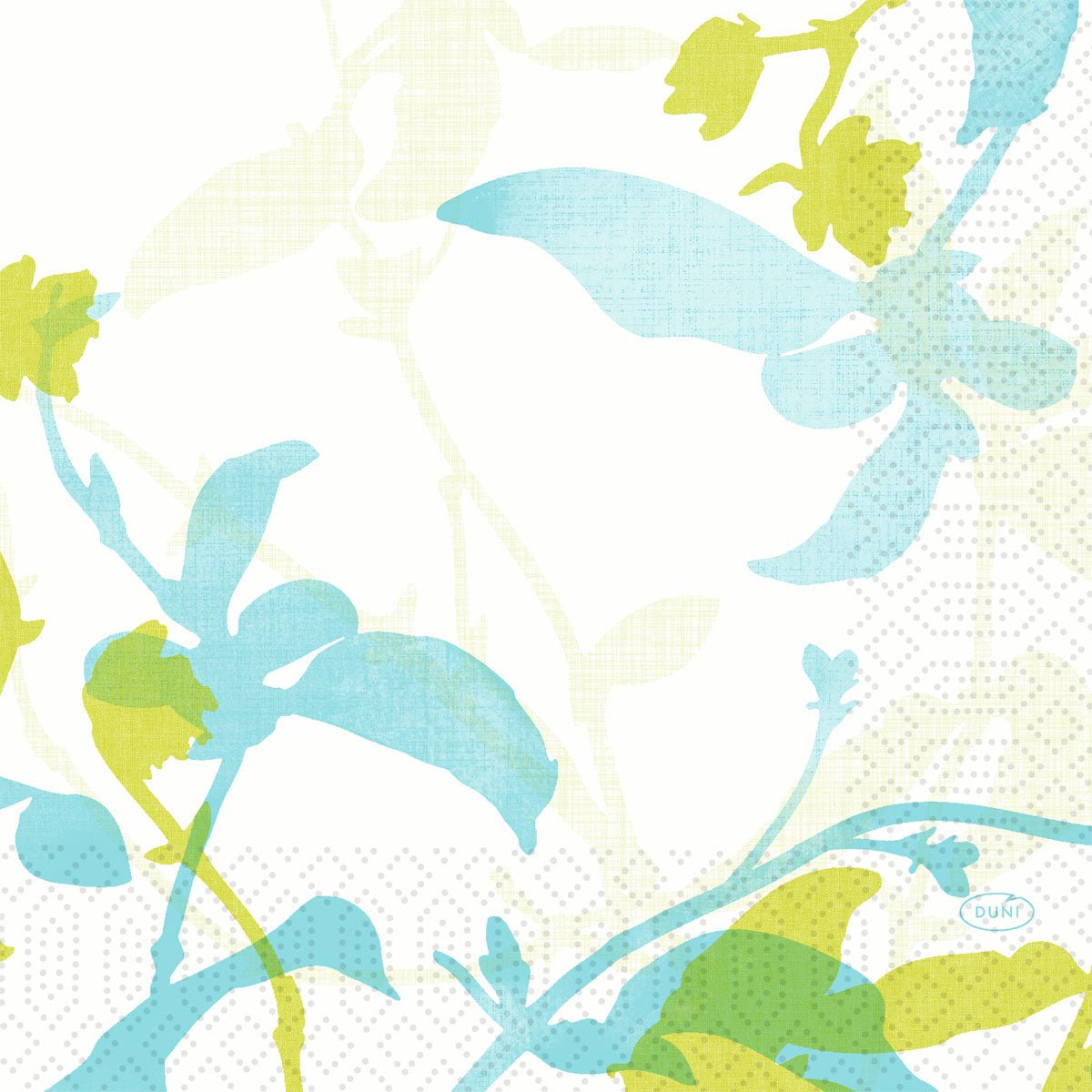 The Elise design features blue and green leaf and flower silhouettes with a dotted background on white 3-ply Zell napkins (33x33 cm, 250 pieces) from Duni GmbH; the "DUNI" logo appears in a small oval in the lower right corner.