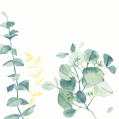 Eine botanische Aquarell-Illustration mit grünen und gelben Blätterzweigen auf Weiß, ideal für Dunisoft-Servietten 40 x 40 cm 1/4 Falz der Duni GmbH.