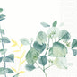 A watercolor of green and yellow eucalyptus leaves adorns the lower corners of the Duni GmbH Zellt.Serv.33x33 3lg 1/4 Spire napkins (33x33 cm, pack of 50), which are printed on white with a subtle gray geometric pattern.