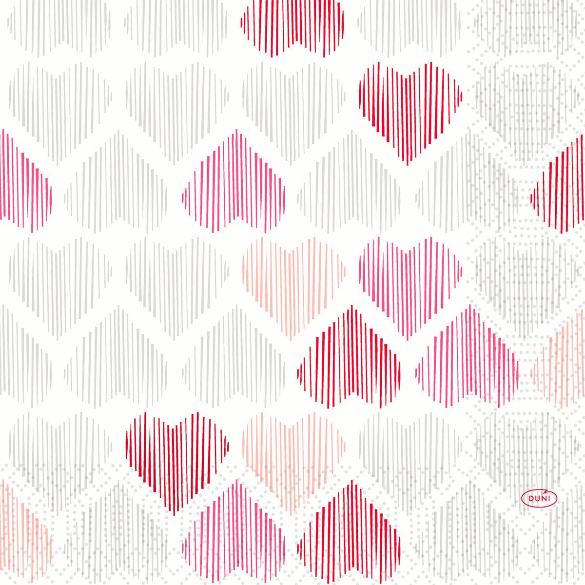 The "Amour" napkins by Duni GmbH feature a repeating pattern of red, pink, and gray heart shapes with vertical lines on white. 3-ply, 33x33 cm, with "DUNI" in red on the corner. Package: 50 napkins.