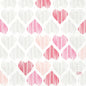 The "Amour" napkins by Duni GmbH feature a repeating pattern of red, pink, and gray heart shapes with vertical lines on white. 3-ply, 33x33 cm, with "DUNI" in red on the corner. Package: 50 napkins.