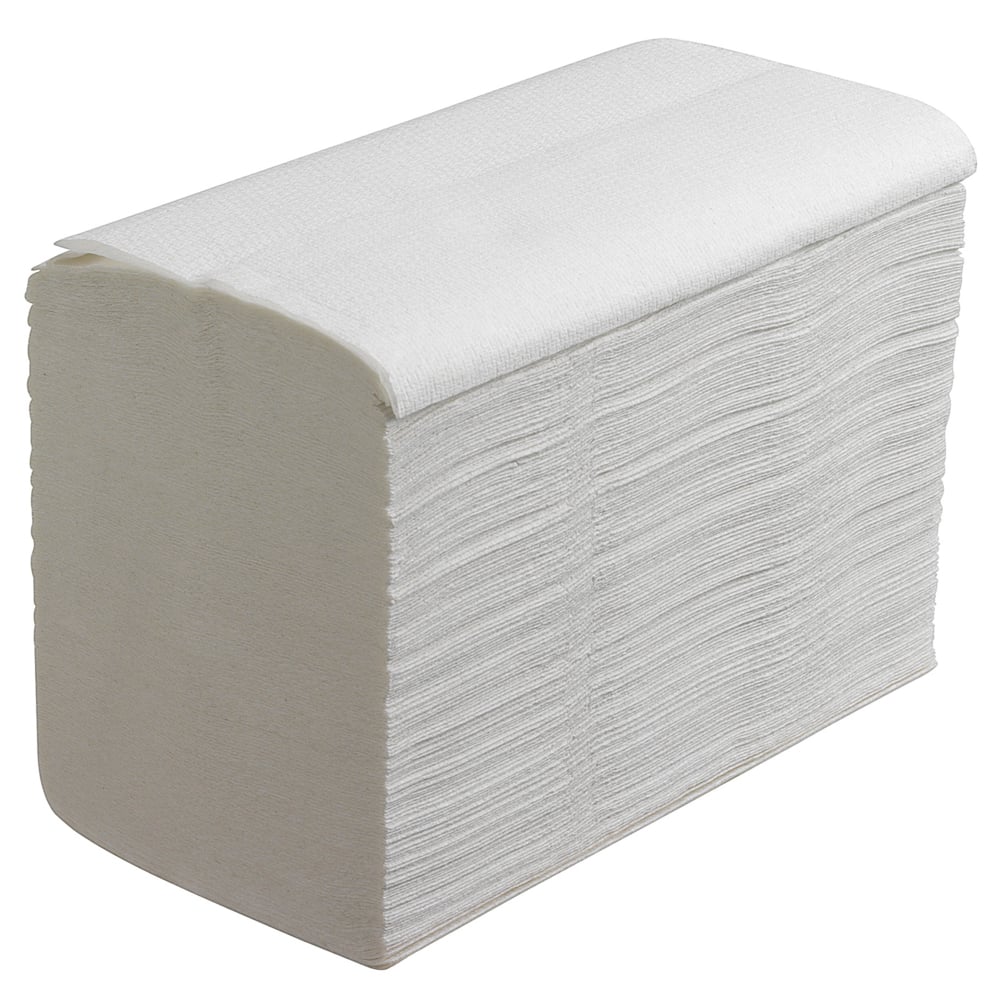 A large stack of Scott® Control™ Flushable Folded Towels from Kimberly-Clark GmbH in White (15 clips x 322 sheets) is neatly arranged - ideal for hygienic hand drying on a white background.