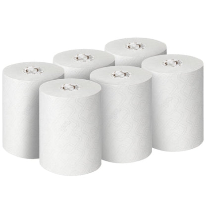 Six unused white Scott® CONTROL EXTRA STRONG towel rolls from Kimberly-Clark GmbH are arranged in two rows of three, each showing the visible core and the sturdy extra strong sheets. Package: 6 rolls/carton.