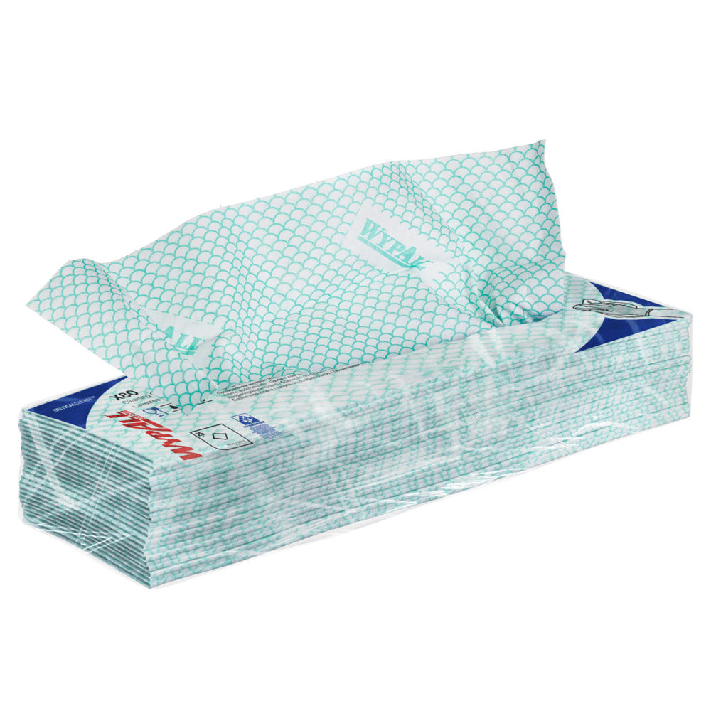 Aus einer rechteckigen Packung WypAll® X80 Critical Clean - Interfold (41 x 33 cm) der Kimberly-Clark GmbH, überwiegend weiß mit hellgrünen geometrischen Mustern und blauen Akzenten, ist ein Wischtuch teilweise herausgezogen.