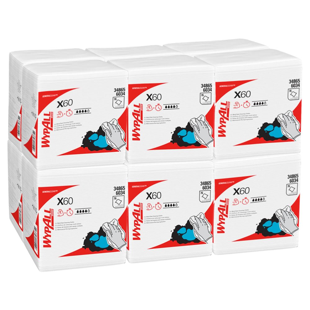 Zwölf Beutel mit weißen WypAll® X60 General Clean Viertelfaltetüchern der Kimberly-Clark GmbH sind in zwei Reihen angeordnet. Jeder Beutel ist mit einem roten und schwarzen Branding, einer Handreinigung und zweisprachigen Produktinformationen für eine effiziente Reinigung versehen.