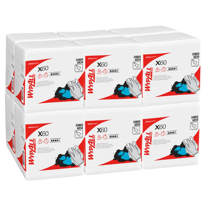 Zwölf Beutel mit weißen WypAll® X60 General Clean Viertelfaltetüchern der Kimberly-Clark GmbH sind in zwei Reihen angeordnet. Jeder Beutel ist mit einem roten und schwarzen Branding, einer Handreinigung und zweisprachigen Produktinformationen für eine effiziente Reinigung versehen.