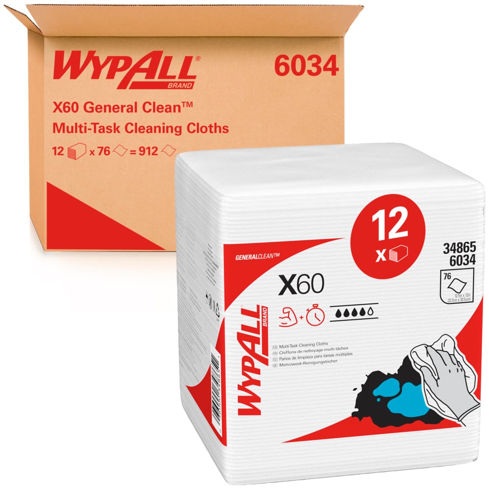 Eine Schachtel Kimberly-Clark GmbH WypAll® X60 General Clean viertelgefaltete, weiße Tücher (12 Beutel x 76 Stück) wird hinter einzeln verpackten Tüchern für die schwere und allgemeine Reinigung gezeigt.
