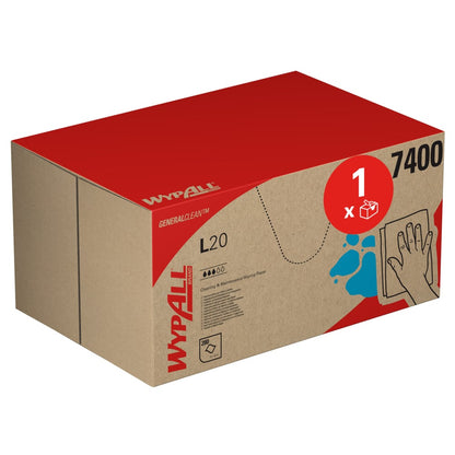 Eine blaue WypAll® L20 General Clean BRAG™ Box der Kimberly-Clark GmbH mit Branding und Symbolen zeigt, dass sie 280 Reinigungstücher für den allgemeinen und industriellen Gebrauch enthält. Auf der rechten Seite der Schachtel ist das Bild einer Hand abgebildet, die eine Oberfläche abwischt.