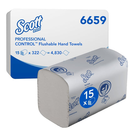 Pictured is a box of Scott® Control™ Flushable Folded Towels from Kimberly-Clark GmbH with a packaged stack in front. The package contains 15 clips x 322 sheets (4,830 total) - ideal for hygienic hand drying.