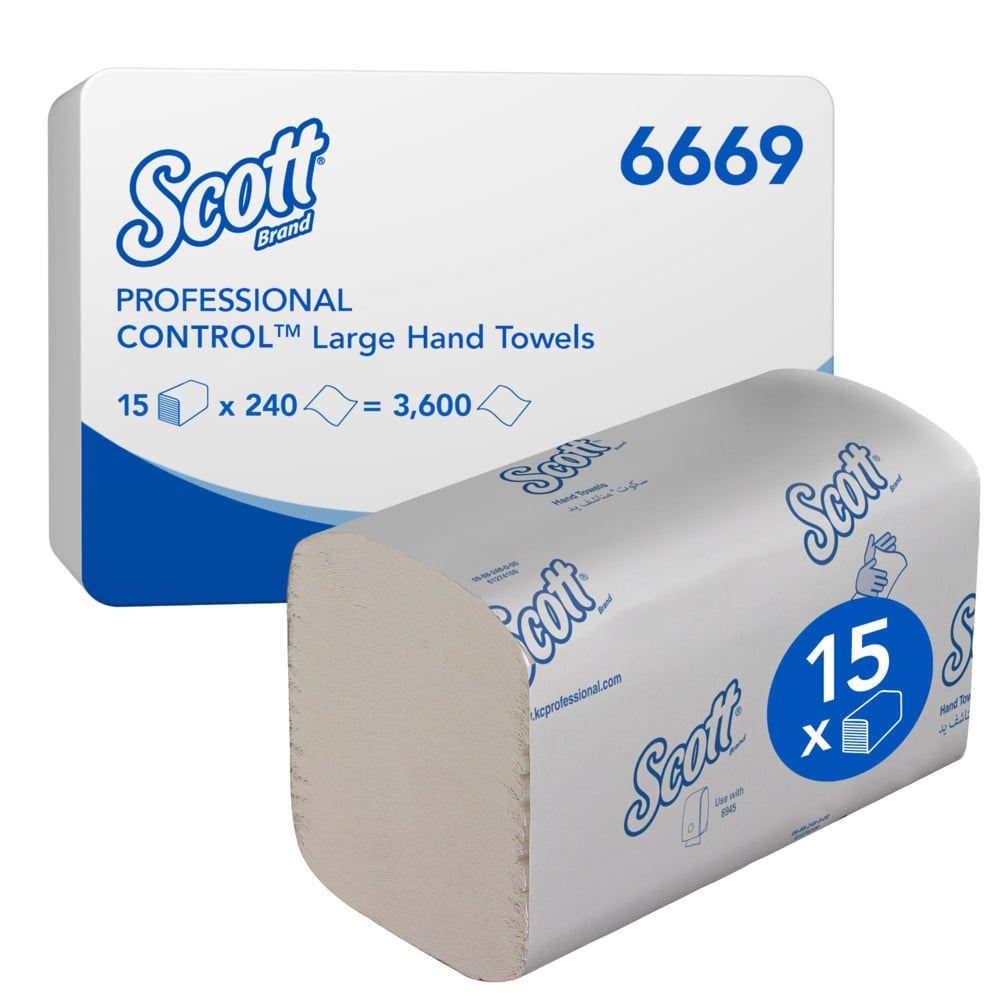 A carton of Scott® Control™ towels (white, large) from Kimberly-Clark GmbH, product no. 6669, contains 15 packs with 240 absorbent folded towels each - a total of 3,600 sheets - with an unpacked stack next to it.