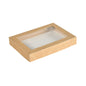 The Viking Brick Lid with PLA Window, Brown Cardboard/PLA, 200x140x30 from Duni GmbH is a rectangular kraft paper box with a transparent PLA window; it is empty and ideal for use as sustainable packaging. Package size: 300 pieces. Shown on a white background.
