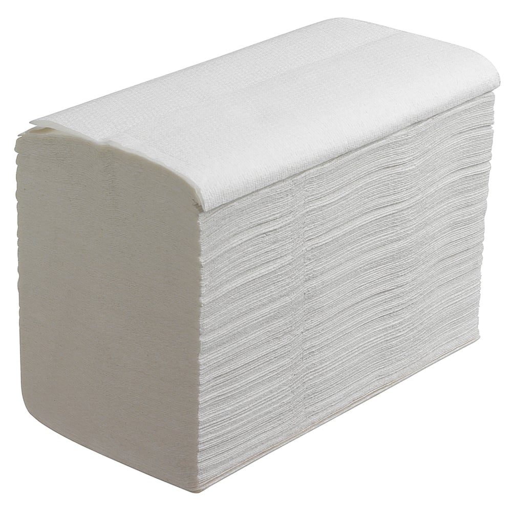A large stack of Scott® Control™ towels (white, large, 15 clips x 240 sheets) from Kimberly-Clark GmbH is arranged rectangularly and demonstrates the excellent absorbency of these folded towels.