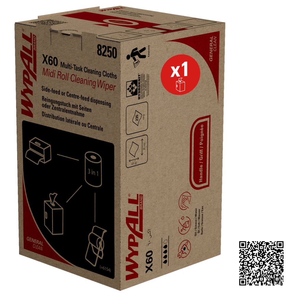 A blue box labeled "WypAll® X60 General Cleaning Cloths Clean - Midi Roll/Blue (235 Cloths)" from Kimberly-Clark GmbH, with product images, a red "x1" symbol, and a QR code at the bottom right, ideal as a multipurpose cleaner.