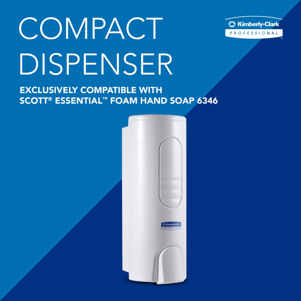 A white Kimberly-Clark GmbH dispenser for luxurious foam soap (200ml) is shown against a blue background, ideal for washrooms. Exclusively for Scott Essential Foam Hand Soap 6346. 1 dispenser per box, by Kimberly-Clark Professional™.