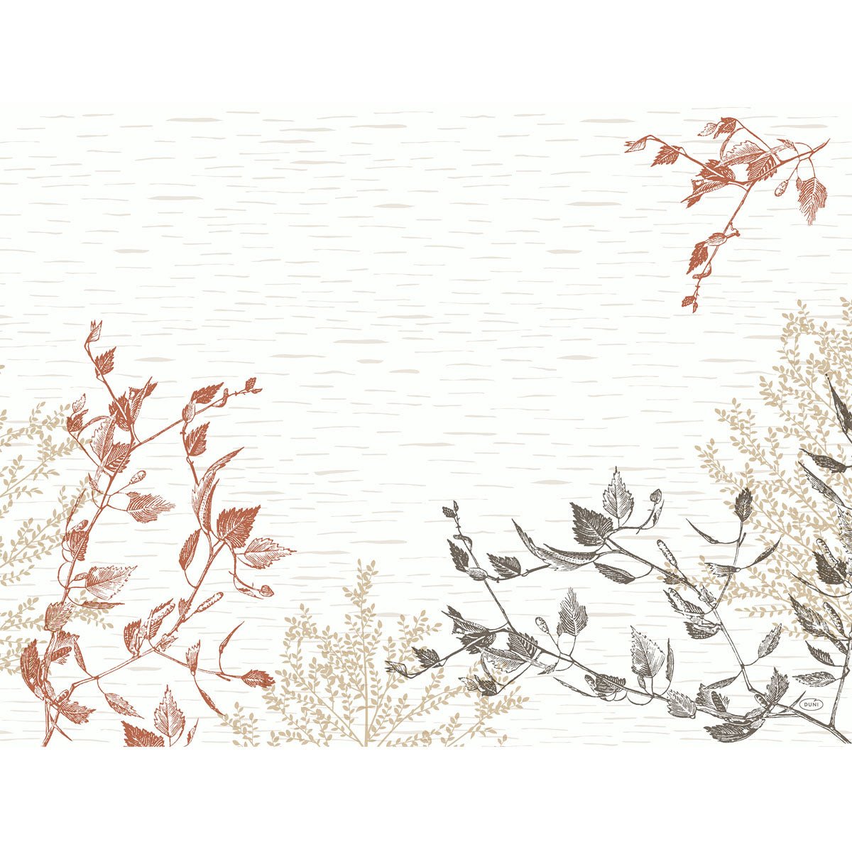 Die Papier-Tischsets 30x40 cm von Duni GmbH im Wood&Nature Design bieten minimalistische, umweltfreundliche botanische Illustrationen in Terrakotta, Schwarz und Beige auf hell strukturiertem Hintergrund - ideal für jeden Anlass. Packung mit 250 Stück.