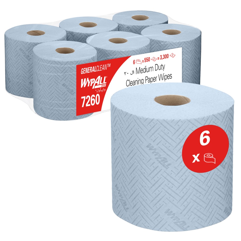 Pictured are six blue rolls of WypAll® L20 General Clean Centrefeed (2-ply, 550 sheets/roll) from Kimberly-Clark GmbH - five in a package with WypAll logo and details, one roll in front. The box contains 6 rolls.