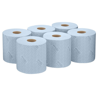 Six blue WypAll® L20 General Clean Centrefeed rolls (2-ply, 550 sheets each) from Kimberly-Clark GmbH - 6 rolls per box - offer efficient cleaning for any work area.