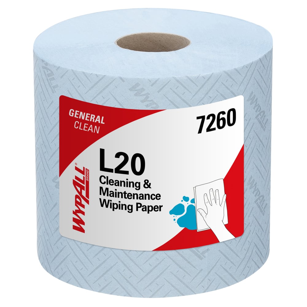 Ein Karton WypAll® L20 General Clean Centrefeed, 2-lagige blaue Papierhandtücher (6 Rollen x 550 Blatt), von Kimberly-Clark GmbH, ideal für vielseitige Reinigung und allgemeine Reinigungsaufgaben.