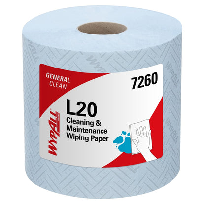 A box of WypAll® L20 General Clean Centrefeed, 2-ply blue paper towels (6 rolls x 550 sheets), from Kimberly-Clark GmbH, ideal for versatile cleaning and general cleaning tasks.