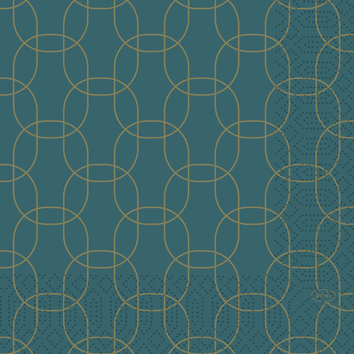 The napkins 33x33 cm, 3-ply, Golden Deco by Duni GmbH have a teal background with overlapping golden circles and ovals, dotted accents at the bottom right, and a small "DUNI" logo - ideal for festive occasions. Pack (50 pieces).