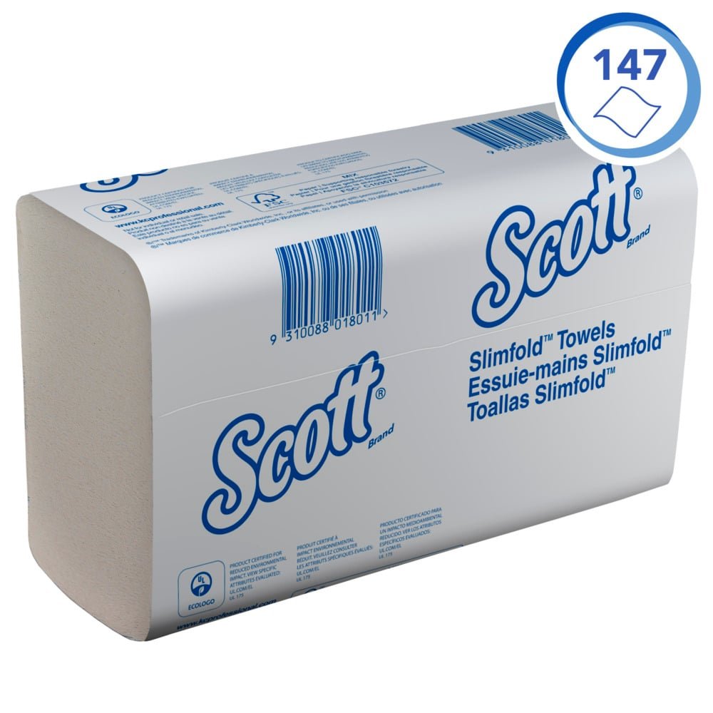 Scott® SLIMFOLD Handtücher von Kimberly-Clark GmbH, weiß, 16 Clips x 110 Blatt pro Karton, hygienisch gefaltet und ideal zum Händetrocknen - praktisch verpackt für den einfachen Gebrauch.