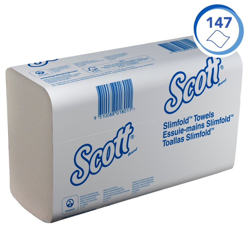 Scott® SLIMFOLD Handtücher von Kimberly-Clark GmbH, weiß, 16 Clips x 110 Blatt pro Karton, hygienisch gefaltet und ideal zum Händetrocknen - praktisch verpackt für den einfachen Gebrauch.