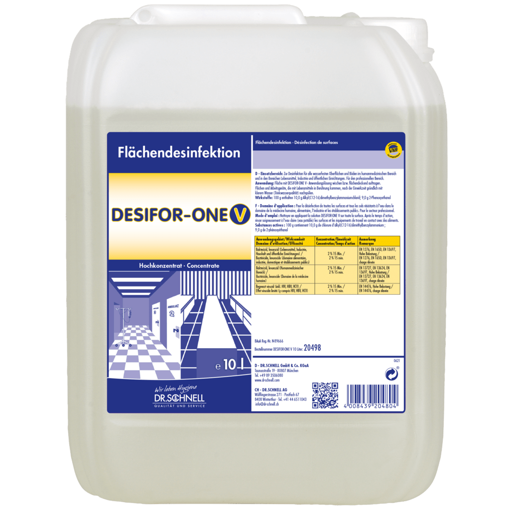 Ein 10-Liter-Kunststoffbehälter von Dr. Schnell DESIFOR-ONE V Flächendesinfektion der DR.SCHNELL GmbH & Co. KGaA, mit einem blau-gelben Etikett mit Produktinformation, Dosierungsanleitung und deutschen Sicherheitshinweisen.