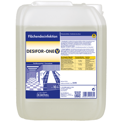Ein 10-Liter-Kunststoffbehälter von Dr. Schnell DESIFOR-ONE V Flächendesinfektion der DR.SCHNELL GmbH & Co. KGaA, mit einem blau-gelben Etikett mit Produktinformation, Dosierungsanleitung und deutschen Sicherheitshinweisen.
