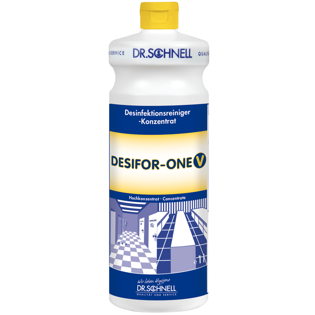 Eine weiße Kunststoffflasche Dr. Schnell DESIFOR-ONE V Flächendesinfektion der DR.SCHNELL GmbH & Co. KGaA, mit gelber Kappe und blau-weißem Etikett mit deutscher Aufschrift, ideal für die Flächendesinfektion in Hygienebereichen.