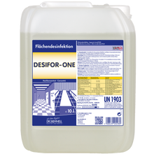 Der 10-Liter-Behälter von Dr. Schnell Desifor-One Flächendesinfektion, begrenzt viruzid PLUS der DR.SCHNELL GmbH & Co. KGaA verfügt über ein blau-weißes Etikett mit Produktinformation, Gebrauchsanweisung, Warnsymbol und einen weißen Verschluss für die bequeme Flächendesinfektion.