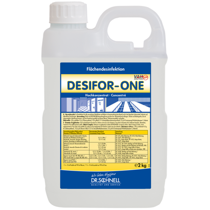 Ein 2 kg Kunststoffbehälter von Dr. Schnell Desifor-One Flächendesinfektion, begrenzt viruzid PLUS von DR.SCHNELL GmbH & Co. KGaA, mit weißem Deckel und Griff. Das Etikett auf der Vorderseite enthält Angaben, Anweisungen und Dosierungshinweise in deutscher Sprache.