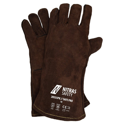 NITRAS SAFE PRO, Welding Gloves, Brown, EN 388, EN 12477 Split Leather, Size 10 | Pack (12 pairs)