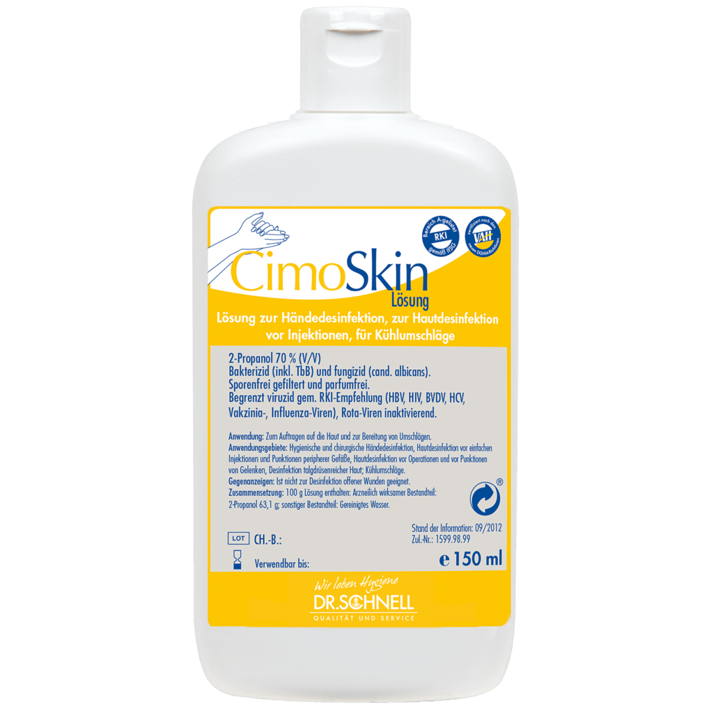A 150 ml bottle Dr. Schnell CIMOSKIN hand sanitizer from DR.SCHNELL GmbH & Co. KGaA, with a yellow-white label with instructions for hygienic disinfection and a blue-white flip-top cap.