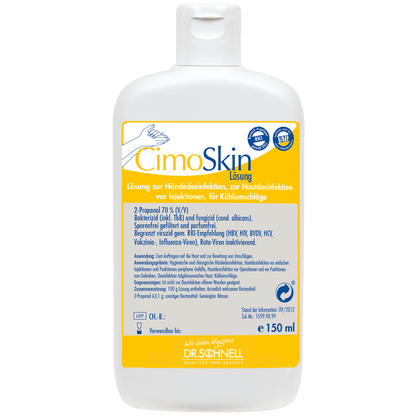 A 150 ml bottle Dr. Schnell CIMOSKIN hand sanitizer from DR.SCHNELL GmbH & Co. KGaA, with a yellow-white label with instructions for hygienic disinfection and a blue-white flip-top cap.