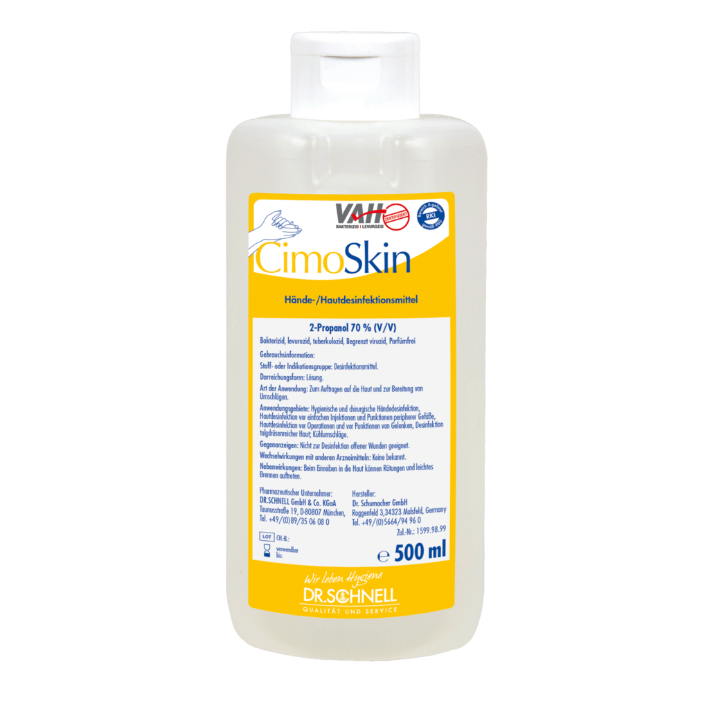 A 500 ml plastic bottle of Dr. Schnell CIMOSKIN hand sanitizer from DR.SCHNELL GmbH & Co. KGaA, with a white cap and a yellow-white-blue German label highlighting the skin-friendly, hygienic disinfection properties.