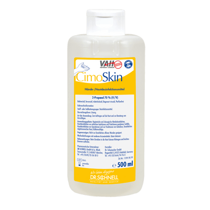 A 500 ml plastic bottle of Dr. Schnell CIMOSKIN hand sanitizer from DR.SCHNELL GmbH & Co. KGaA, with a white cap and a yellow-white-blue German label highlighting the skin-friendly, hygienic disinfection properties.