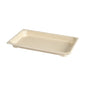 Ein rechteckiges beigefarbenes Duni GmbH Sushi & Deli Tray Medium (215x135x22 mm), hergestellt aus umweltfreundlicher, kompostierbarer Braun Bagasse mit PLA-Beschichtung, ist leer vor einem weißen Hintergrund abgebildet. Packung mit 110 Stück.