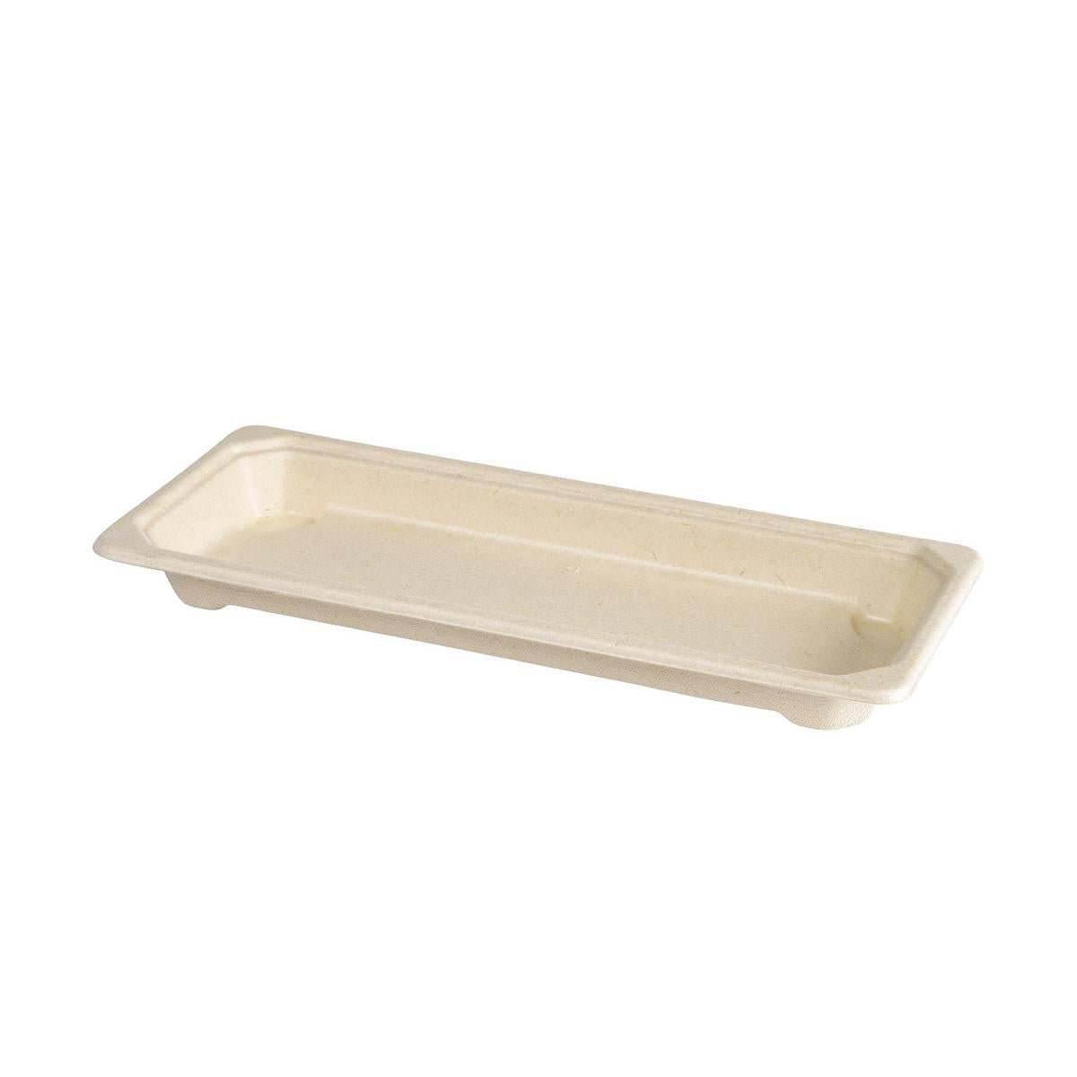 The Sushi Tray Slim from Duni GmbH is a rectangular, flat tray made of brown, PLA-coated bagasse (221x92x22mm) with slightly raised edges and a smooth surface; available in packs of 100, pictured on a white background.