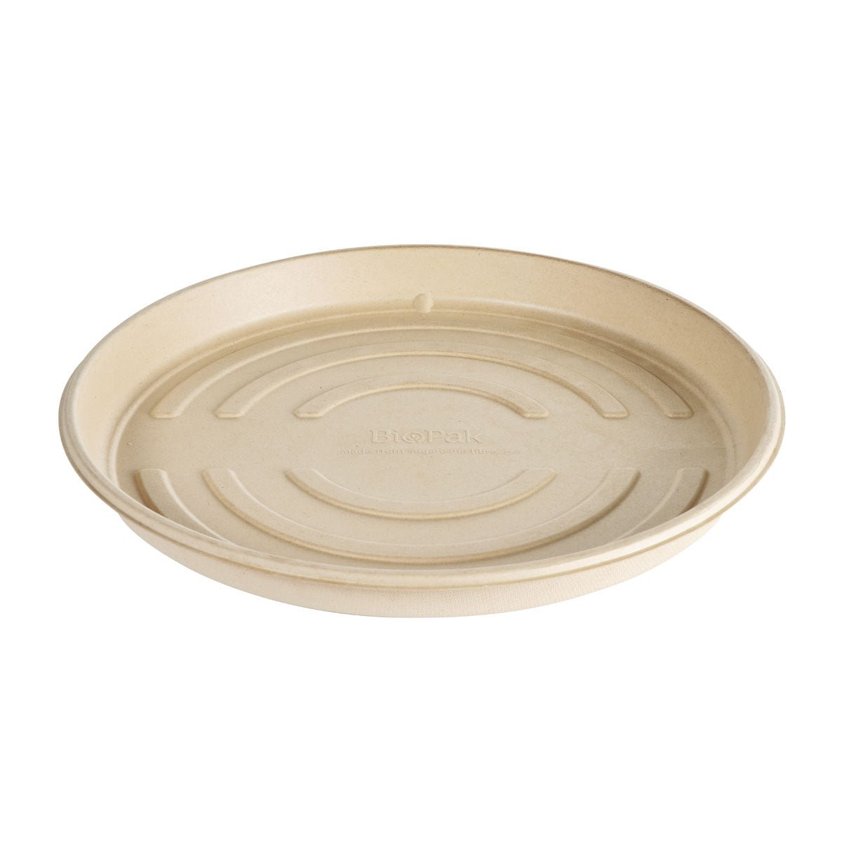 Eine runde, beige Pizzabox (unbeschichtete Braun Bagasse, 356x356x34mm) von Duni GmbH. Umweltfreundlich und kompostierbar, ideal als umweltfreundliche Pizzaverpackung zum Servieren von Pizza. Die Packung enthält 50 Stück.