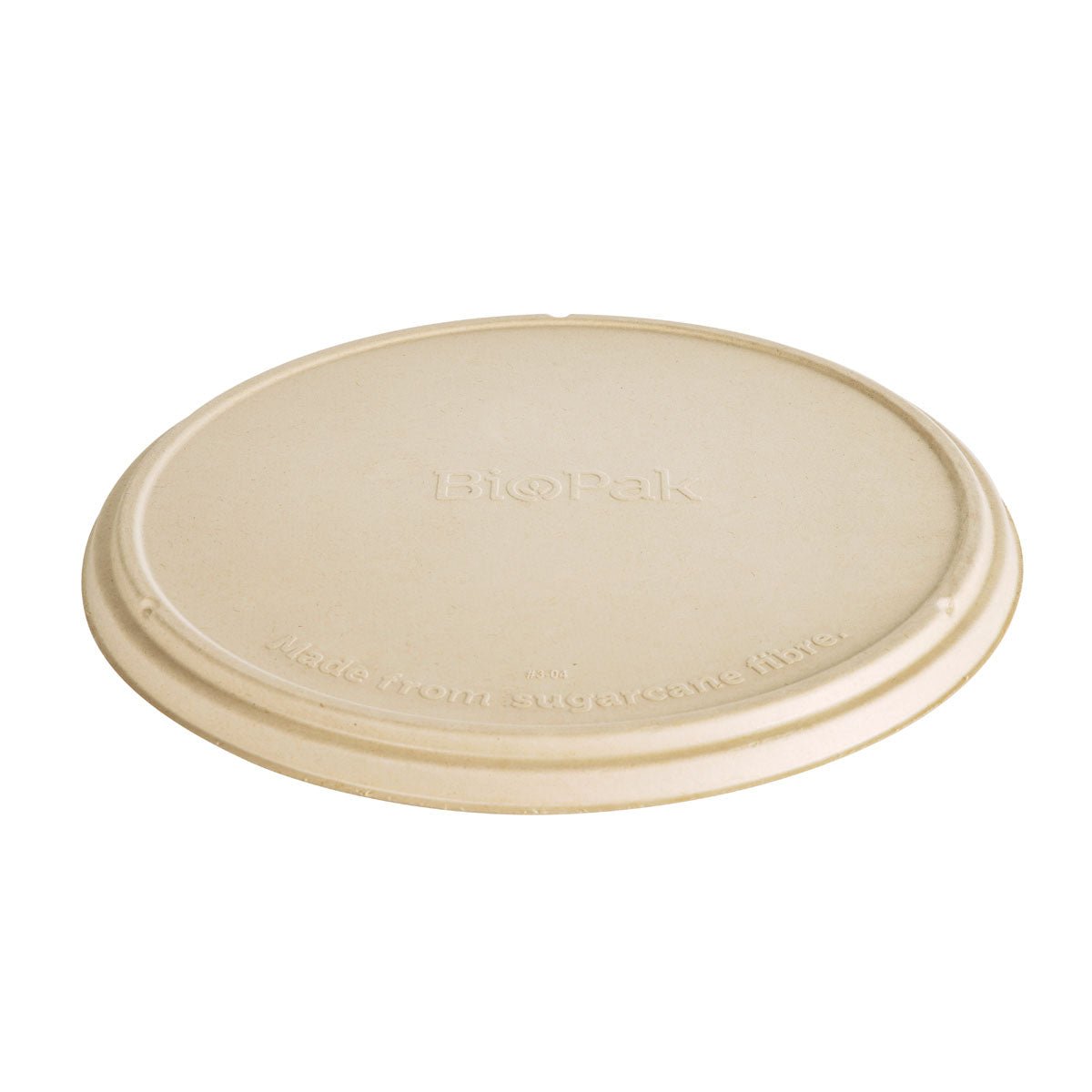 The round, beige, compostable lid for pizza boxes from Duni GmbH made from uncoated brown bagasse (363x363x19mm) has a smooth surface, a slightly raised edge, and the "BioPak" embossing in the center. Packaging: 50 pieces. Suitable for pizza boxes.