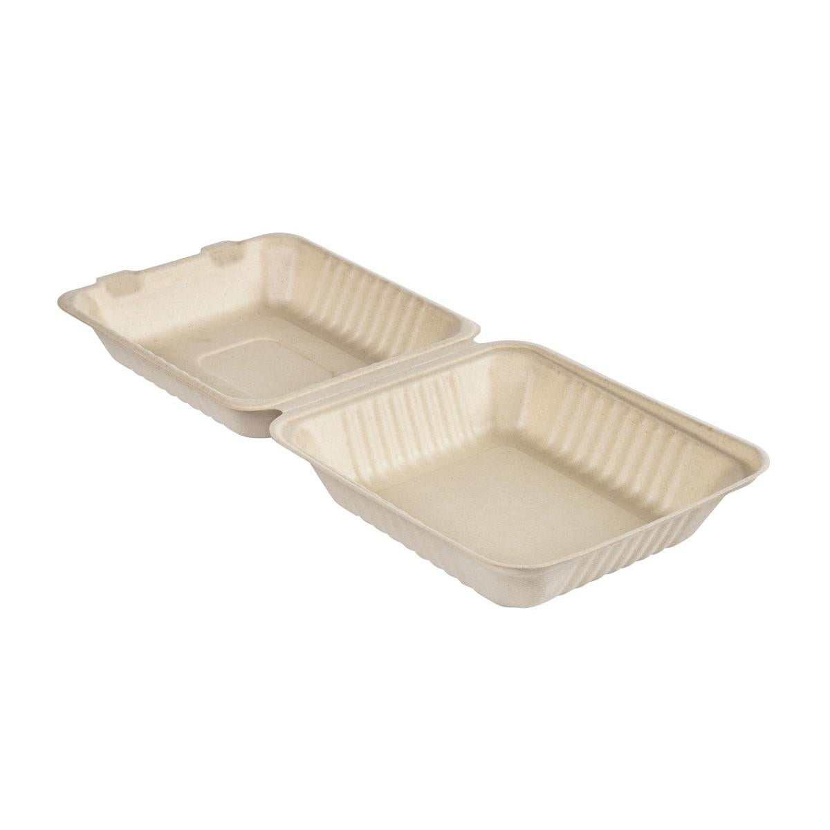 Ein geöffneter Clamshell 1000 ml - unbeschichteter Braun Bagasse 223x200x85 Mitnahmebehälter der Duni GmbH zeigt zwei leere, geriffelte Fächer. Packung (50 Stück).