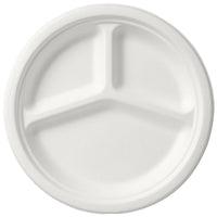 Ein runder, unbeschichteter Teller 3-geteilt ø 26 cm aus weißer Bagasse von Duni GmbH, dreifach unterteilt und umweltfreundlich, auf schlichter Unterlage in der Vogelperspektive fotografiert. Packung: 50 Stück.