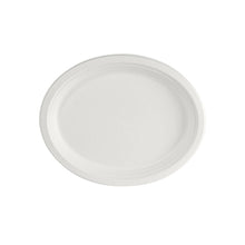 Der ovale, ungekochte Teller Weiß Bagasse 32 cm von Duni GmbH (Packung à 150 Stück) ist biologisch abbaubar, umweltfreundlich und verfügt über einen erhöhten Rand - ideal als nachhaltiges Einweggeschirr.