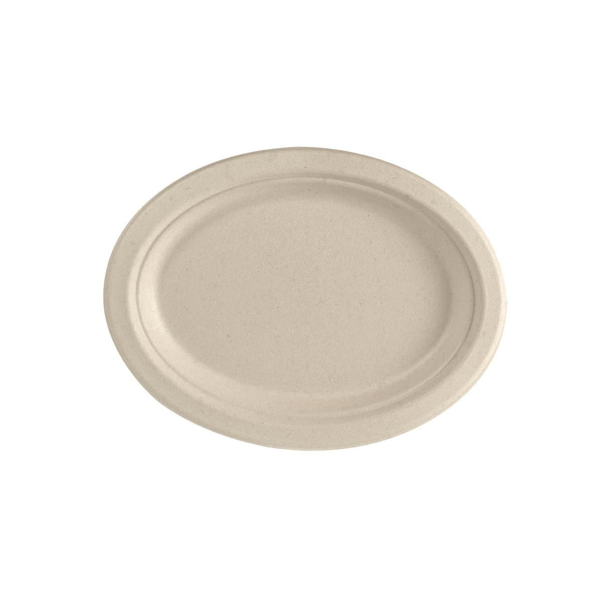 Der Duni GmbH Teller oval 26 cm Braun aus ungecoateter Bagasse (260x200x20 mm, 50 Stück) ist kompostierbares, umweltfreundliches Einweggeschirr für nachhaltige Tischgestaltung.